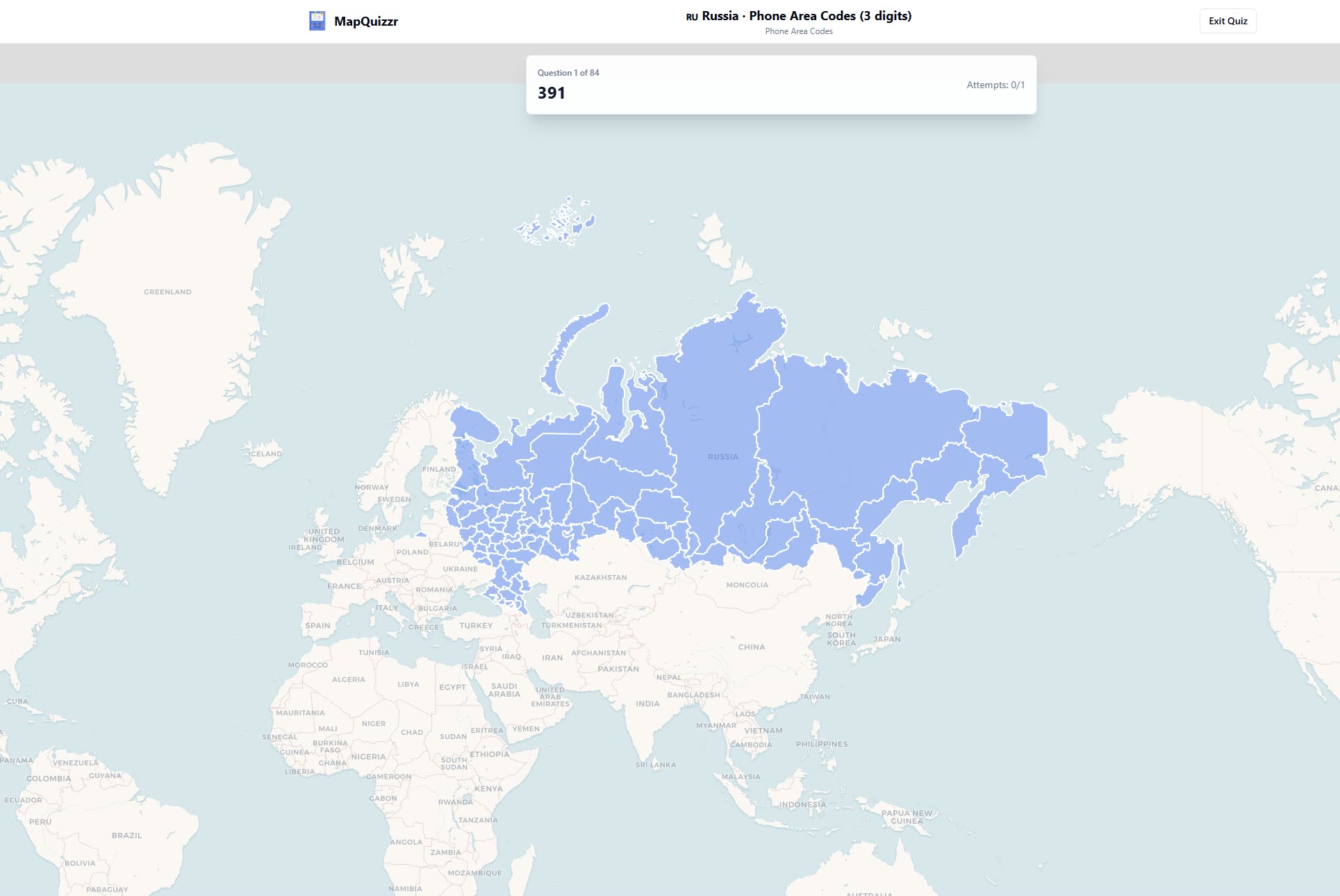 Screenshot of Mapquizzr — a map-based geography quiz with customisation panels